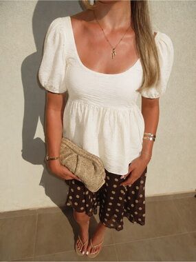 Ever New Yasmina Puff Sleeve Babydoll Blouse | Cream Textured Peplum Top